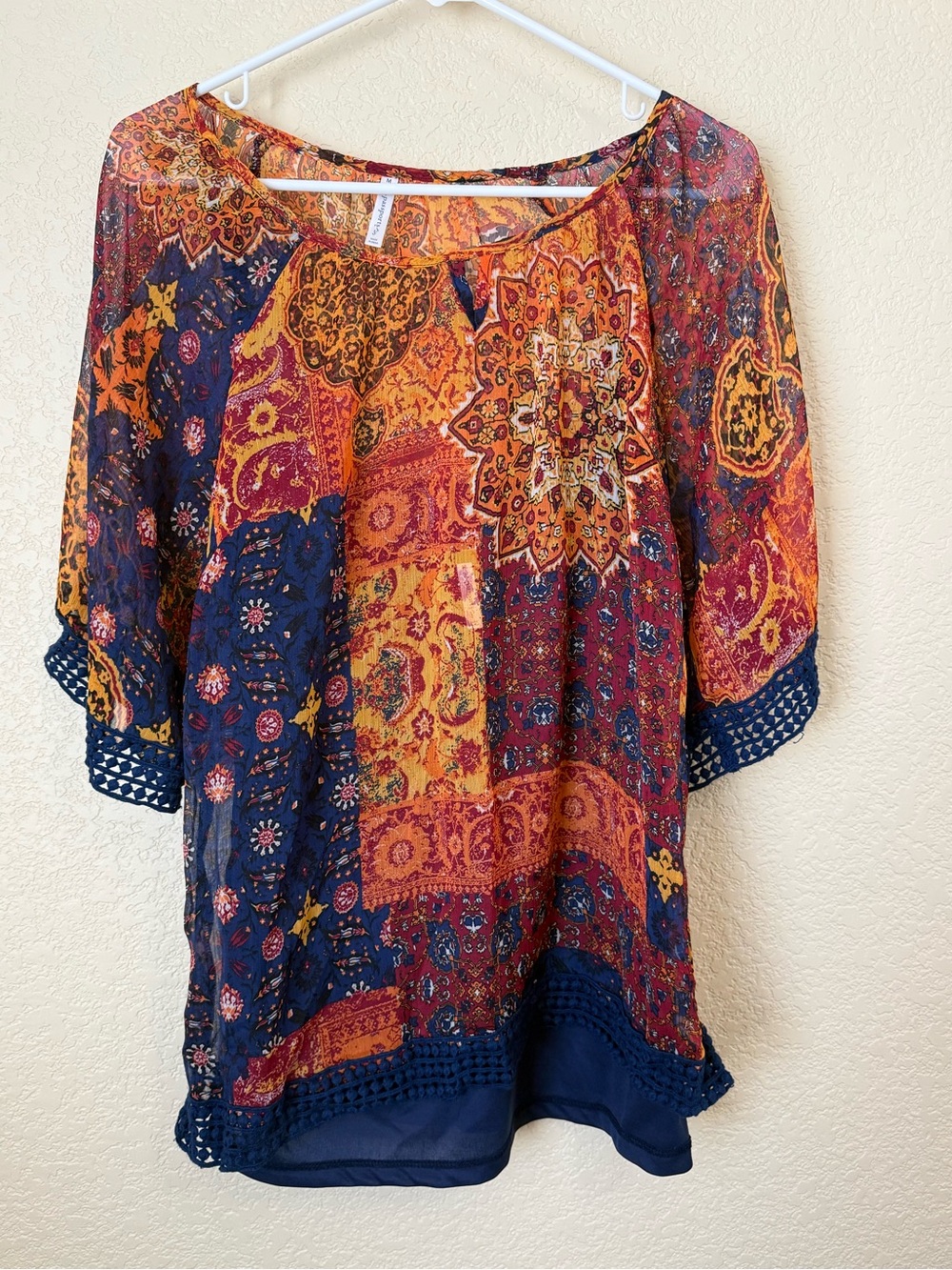 Passport’s Boho Patchwork Print Blouse with Built-In Tank Size Medium